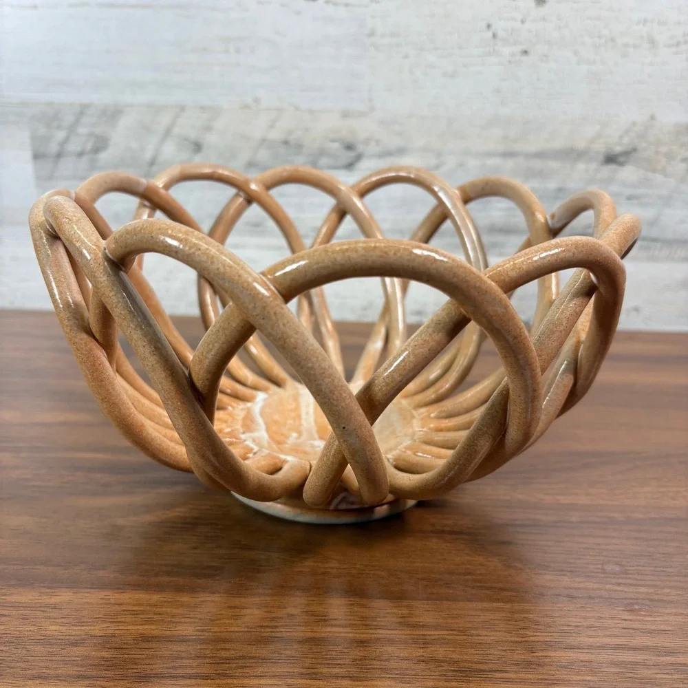 Vintage Eucalyptus Stoneware glazed peach-colored woven Bread Basket signed